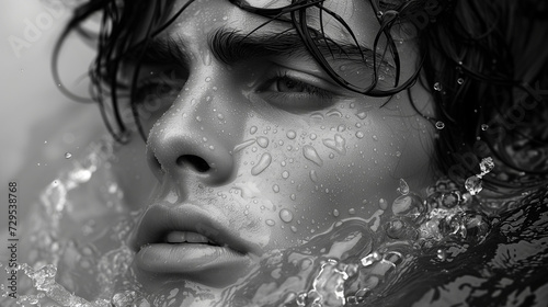 Male model getting out of the water in black and white monochrome