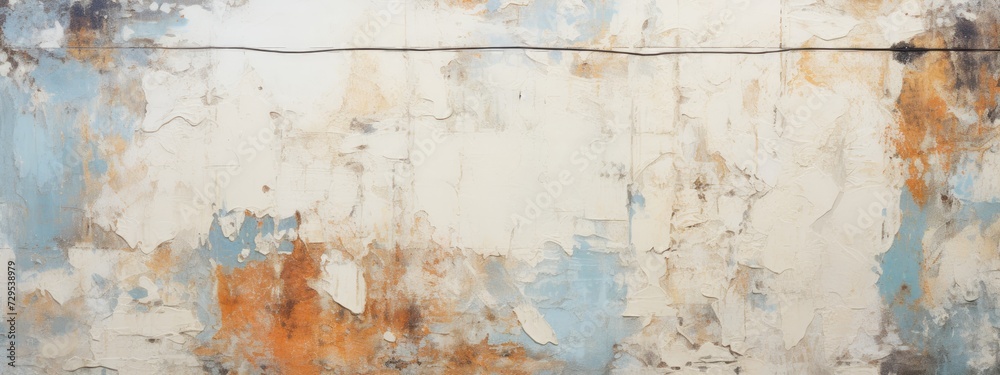 Abstract textured surface with white paint over patches of rust and blue tones. grunge textures for poster and web banner design. Cement texture background 