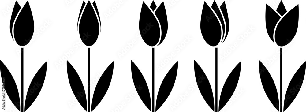 Tulip flower icon vector set. Simple tulip silhouette sign .Black tulip flowers with leaves line icons collection .