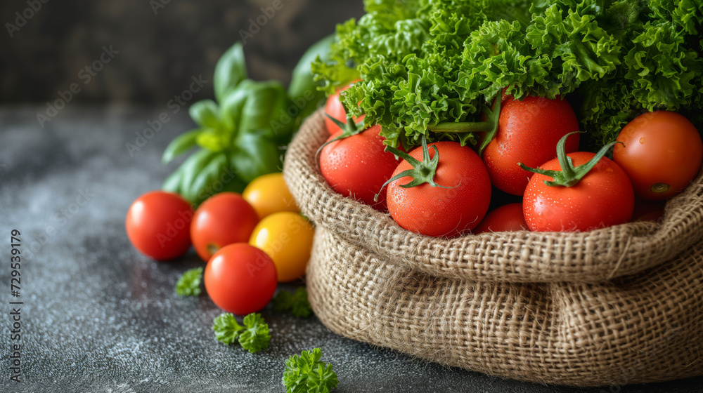 Assorted local produce and vegetables in burlap packaging with copy space Assorted local produce and vegetables in burlap packaging with copy space