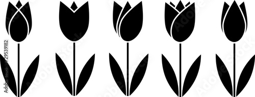 Tulip flower icon vector set. Simple tulip silhouette sign .Black tulip flowers with leaves line icons collection . #729539182