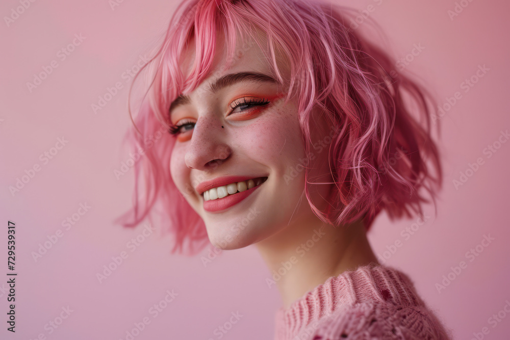 Charming Caucasian Lady with Trendy Pink Hair Posing in a Studio with a Fun and Glamorous Blue and White Background Charming Caucasian Lady with Trendy Pink Hair Posing in a Studio with a Fun and Glamorous Blue and White Background