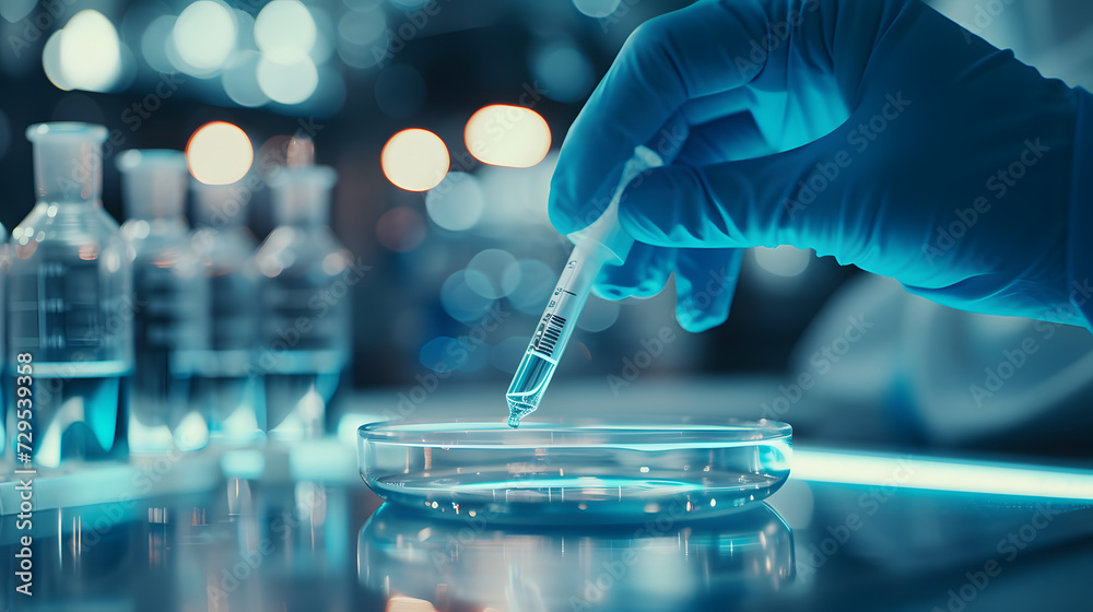 close up shot of scientist hands pipetting sample into dish for DNA testing in laboratory close up shot of scientist hands pipetting sample into dish for DNA testing in laboratory