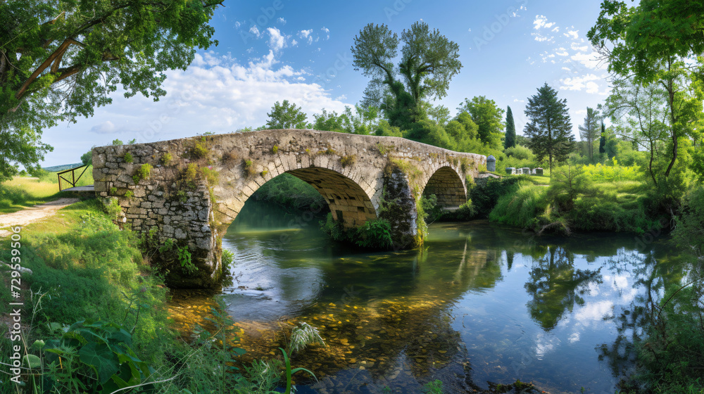 A panoramic view of a medieval stone bridge crossing a tranquil river in the countryside.