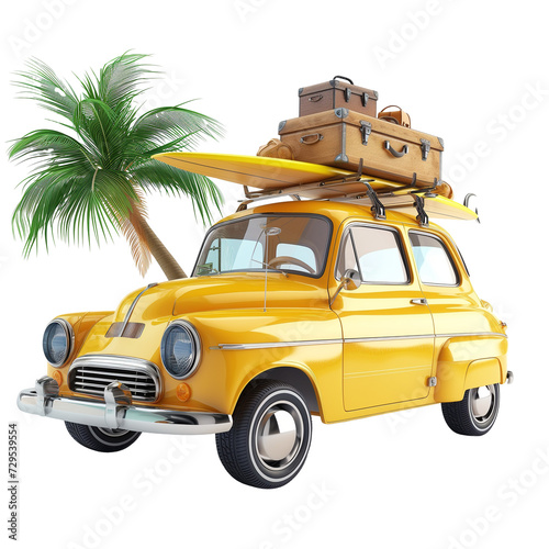 3D render Funny retro car with surfboard  suitcases and palms.isolated on transparent background