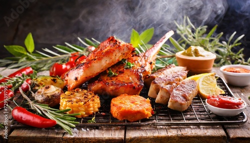 assorted delicious grilled meat on a barbecue