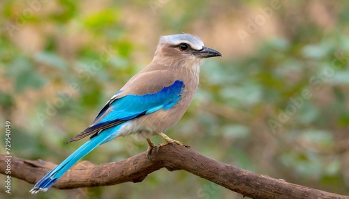 an indian roller perched in bandhavgarah national park india the bird was formerly locally called the blue jay it is a member of the roller family of birds © Lauren