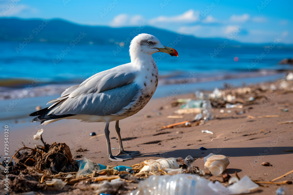 Sea gull on the coast polluted by plastic debris.