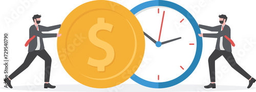 Businessmen push a o clock and a coin. describe time is money, compete, move and faster. business concept

