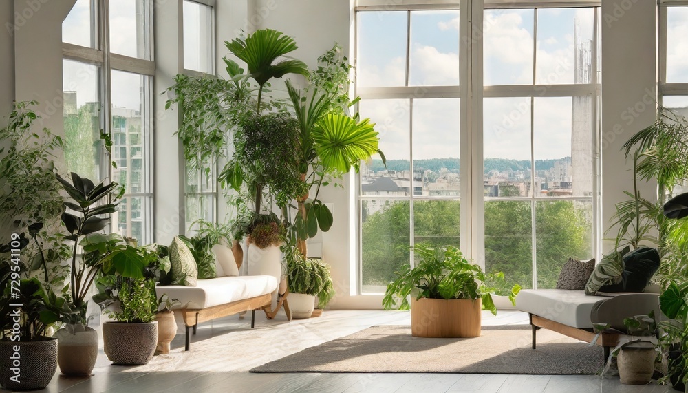 sunlight fills the spacious airy rooms biophilic design in a minimalist white interior with plants view of the city from the panoramic windows ecological green and modern interior concept