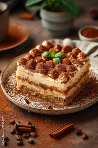 Tiramisu cake sprinkled with cocoa