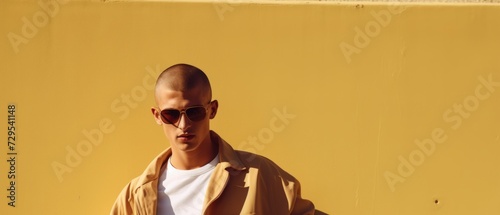 Portrait of a young man in sunglasses and a yellow coat.