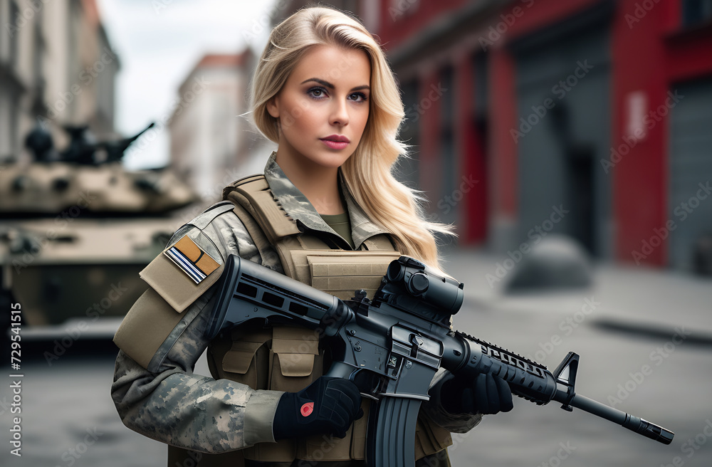 A nice blonde woman in a military uniform with a machine gun in her hands,