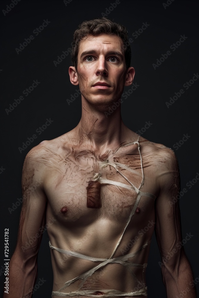 Portrait of a man tied up with a rope. BDSM theme.