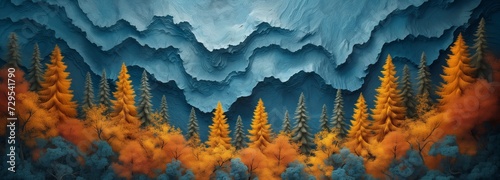 Contrasting Nature Scene with Orange Trees and Blue Jagged Mountains