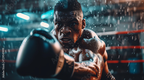 A powerful shot of a professional boxer throwing a punch sweat flying in a high-contrast gym setting. photo