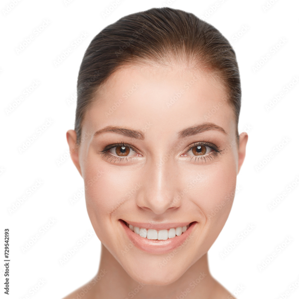 Beauty, portrait and happy woman with skincare from dermatology or headshot in white background. Studio, model and girl with perfect teeth and skin from healthy treatment, makeup from cosmetics Beauty, portrait and happy woman with skincare from dermatology or headshot in white background. Studio, model and girl with perfect teeth and skin from healthy treatment, makeup from cosmetics