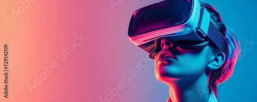A woman is immersed in a virtual reality world, with vibrant neon pink and blue lights casting a glow on her features as she gazes upwards