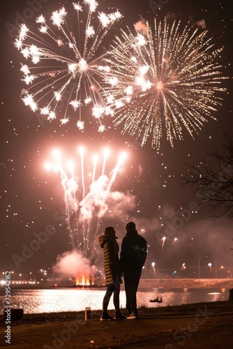 Obraz na płótnie Silhouette of a loving couple on the background of fireworks. w salonie