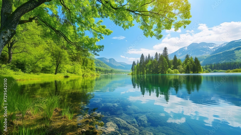 Pristine alpine lake surrounded by vibrant greenery and mountains under a clear sky. Pristine alpine lake surrounded by vibrant greenery and mountains under a clear sky.