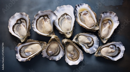 An array of freshly shucked oysters presented on a dark, textured surface, ready to be enjoyed as a delicacy photo