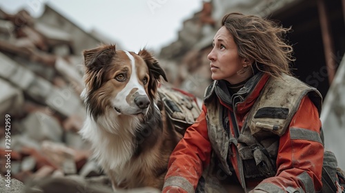 search and rescue dog in a vest on the ruins of a house © sergiokat
