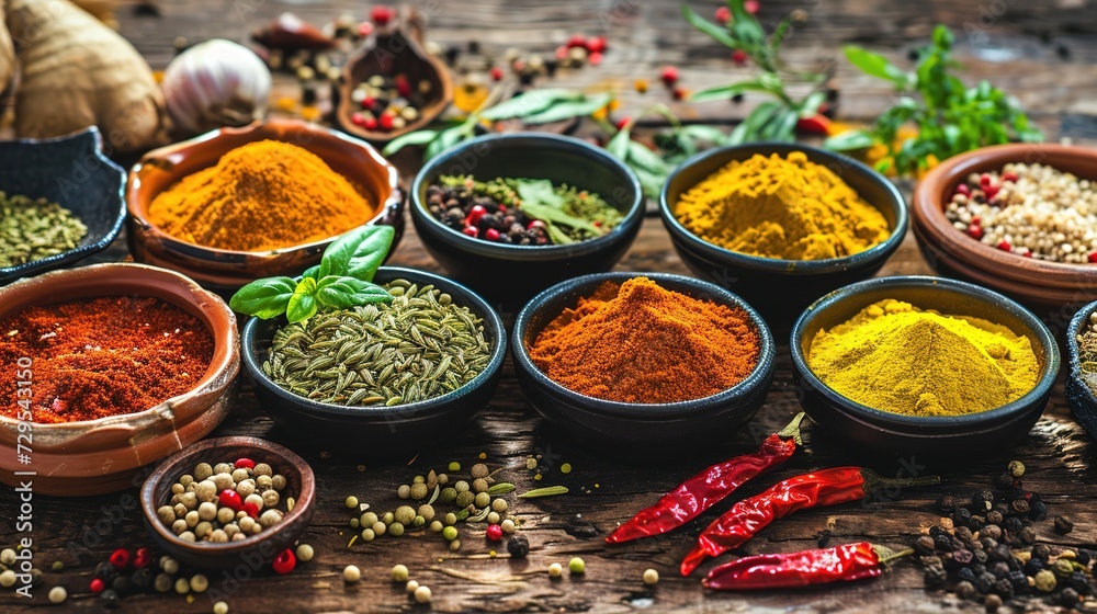 Fototapeta premium Colorful collection spices and herbs on background black table. Mediterranean condiments for decorating packing with food