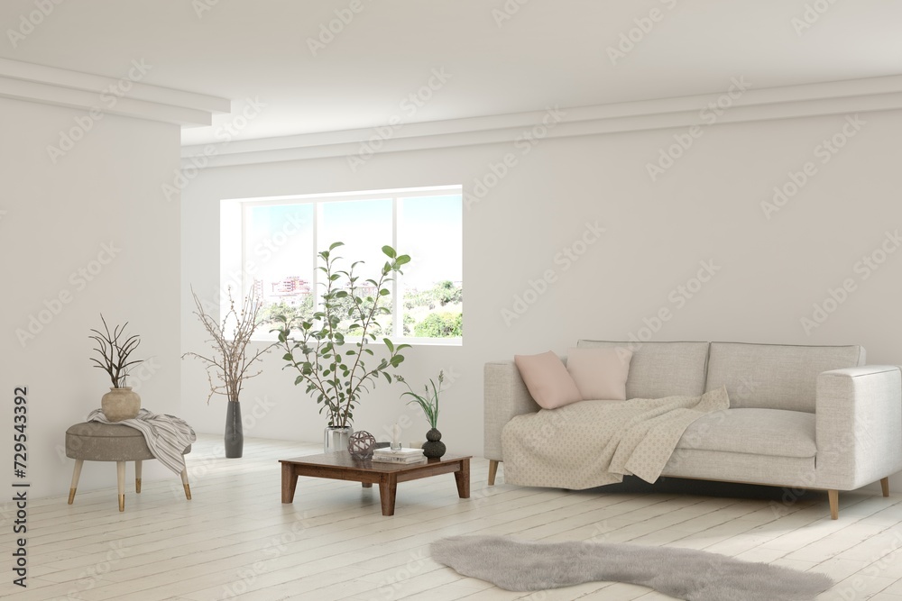 Fototapeta premium White living room with sofa. Scandinavian interior design. 3D illustration