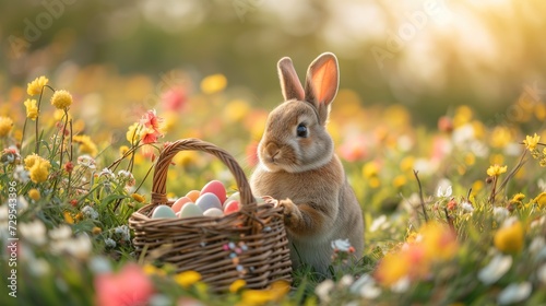 The Easter bunny is hopping through the meadow, cheerful, on a beautiful sunny day, holding a basket of Easter eggs