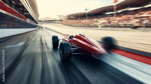 A race car speeding on a track blurred spectators in the background focusing on aerodynamic design speed and the thrill of motorsport.