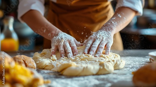 man's hands knead the dough for baking bread in the bakery