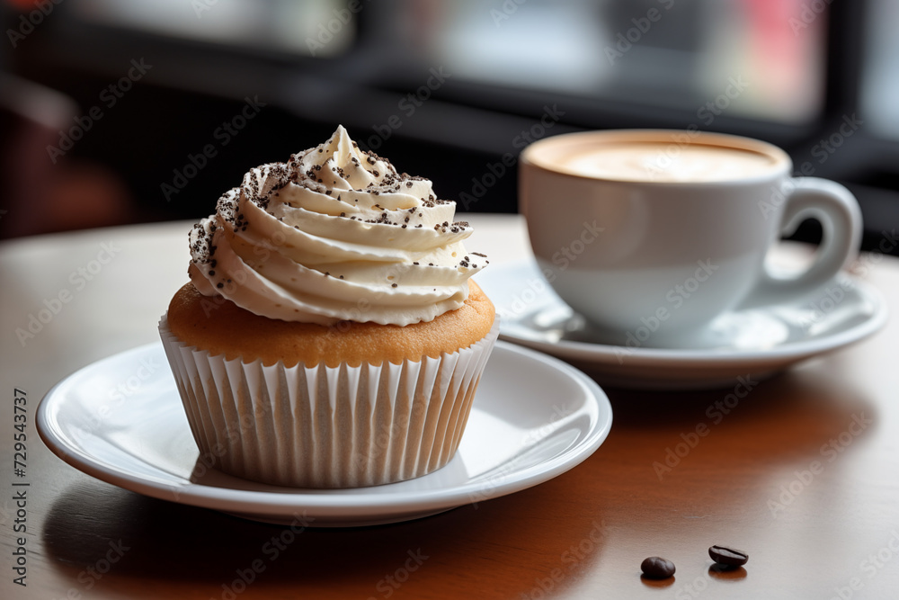 Vanilla cupcake with creamy frosting next to a cappuccino on a dark wood table. Concept for a cozy cafe atmosphere or dessert time. Vanilla cupcake with creamy frosting next to a cappuccino on a dark wood table. Concept for a cozy cafe atmosphere or dessert time.