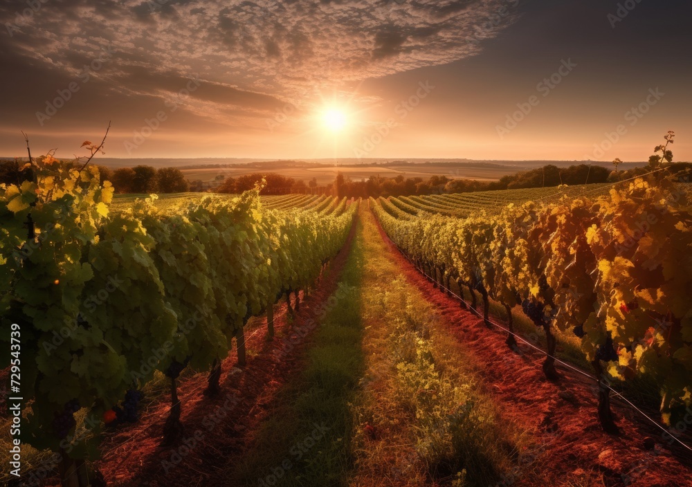 A sunlit vineyard with rows of grapevines