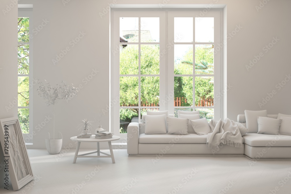 Grey living room concept with sofa and summer landscape in window. Scandinavian interior design. 3D illustration Grey living room concept with sofa and summer landscape in window. Scandinavian interior design. 3D illustration