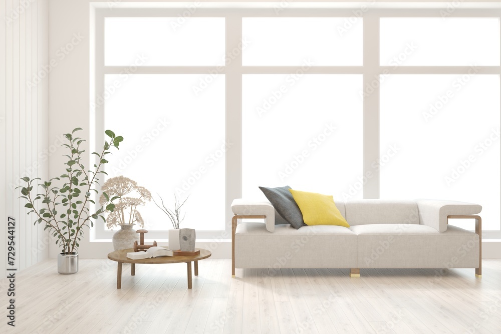 Fototapeta premium White living room with sofa. Scandinavian interior design. 3D illustration
