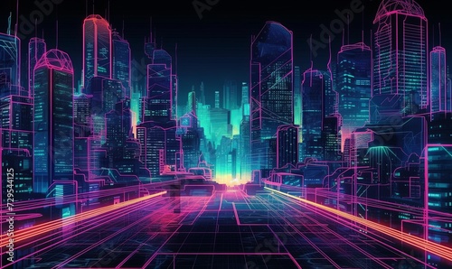 Neon digital road in virtual cyber city. Mesmerizing 3d cityscape bathed in purple light. Futuristic skyscrapers pierce sky their network screens casting an otherworldly glow on streets below