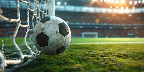 Soccer ball in a net at a stadium, energetic game moment captured. close-up, vibrant colors, sports theme. perfect for background use. AI
