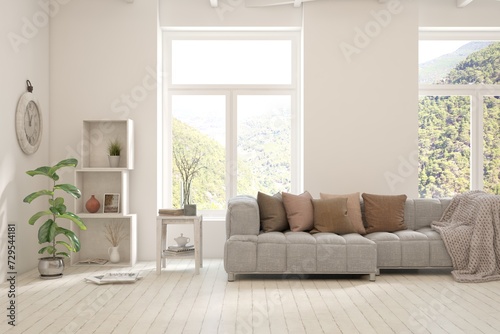 Contemporary classic white interior with furniture and decor and summer landscape in window. Scandinavian interior design. 3D illustration