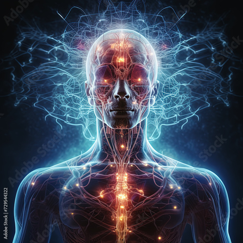 the human body with a organic and brain system, concept of Transhumanism, post-human