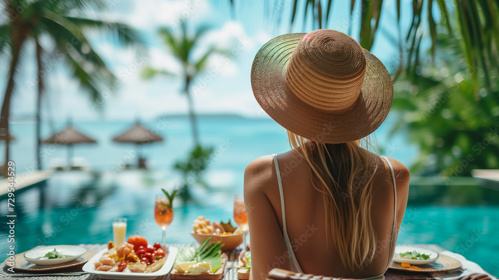 Dinner with sea view in luxury hotel. A girl in a hat looks at the sea and drinks cocktails