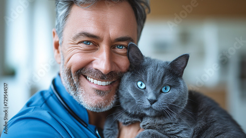 A veterinarian holds and hugs a beautiful gray cat with blue eyes in a veterinary clinic. Portrait of a smiling doctor with a cat. Pet care concept photo