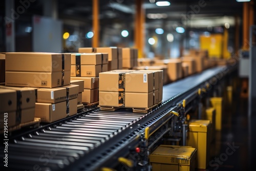 Logistics Efficiency: A Conveyor Belt in a Warehouse Moves Boxes Effortlessly, Reflecting Streamlined Processes and Timely Deliveries