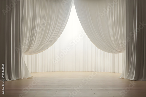 Elegant Décor: White Curtains Adorn the Wall, Minimalist Charm: Wall Accented with White Curtains - Ai Generated