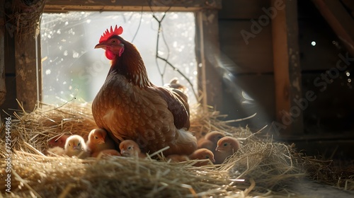 Serene hen nesting on eggs in a sunlit barn. capturing the essence of farm life, cozy and rustic style. ideal for agriculture themed content. AI photo