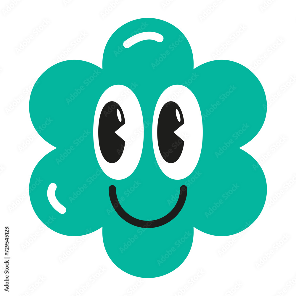 Green trendy retro groovy cartoon smiling flower with big eyes and smile. Retro pop sticker. Flat doodle style. Vector illustration. Green trendy retro groovy cartoon smiling flower with big eyes and smile. Retro pop sticker. Flat doodle style. Vector illustration.