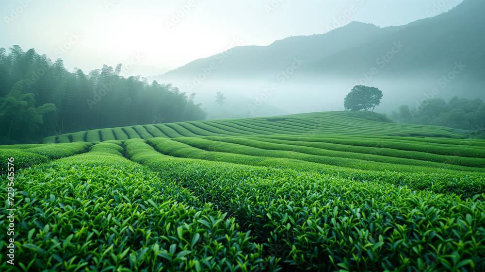 Tea field against a background of misty mountains