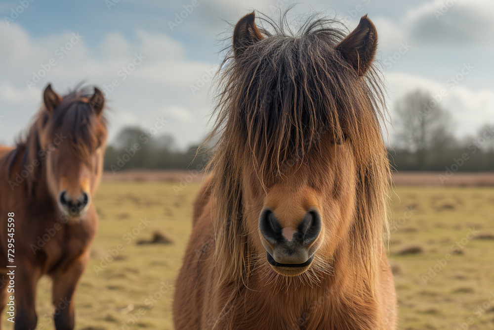 Fototapeta premium Two curious ponies in a large open green field