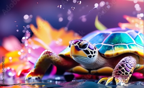 colorful turtle on the beach with flowers, close-up shot with water