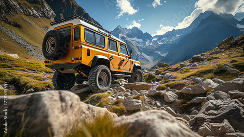 A rugged off-road vehicle tackling challenging terrain in a remote wilderness demonstrating power and durability. photo