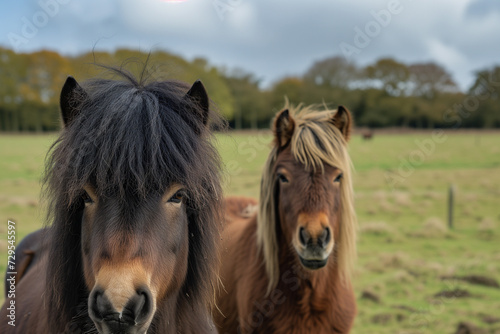 Two curious ponies in a large open green field